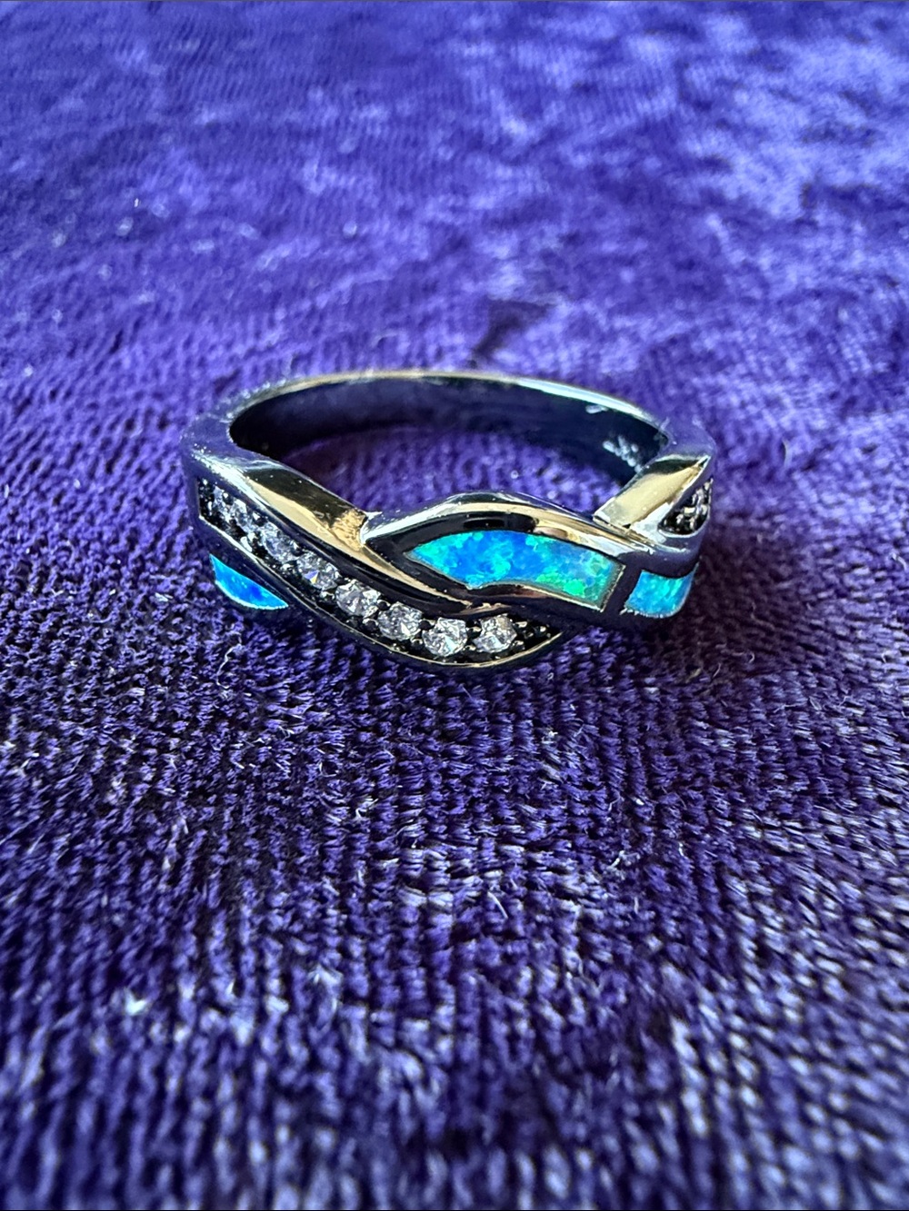 New braided ring with opal inlay, blackened , size 8